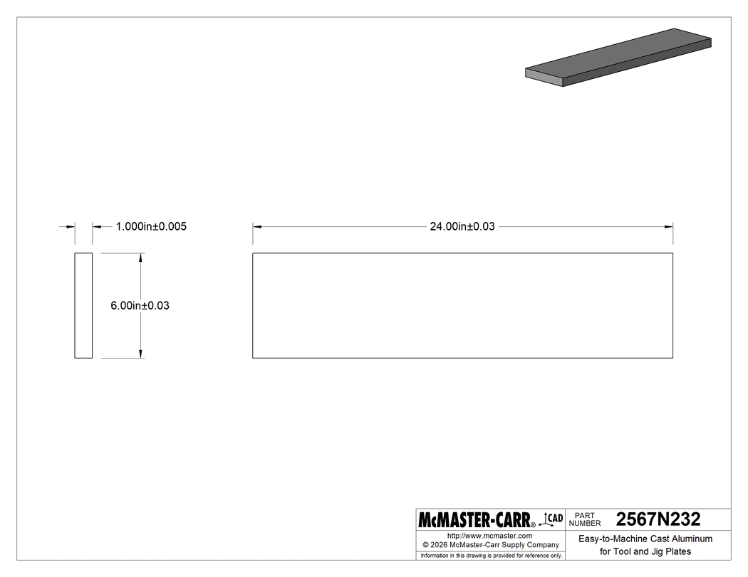 Technical Drawing of Easy-to-Machine Cast Aluminum for Tool&Jig Plates, 6" Wide x 24" Long x 1" Thick Sheet.